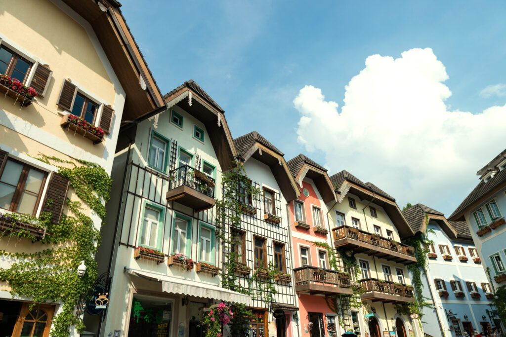 Traditional wooden houses in Hallstatt, austrian alpine town by Salzburg, Austria