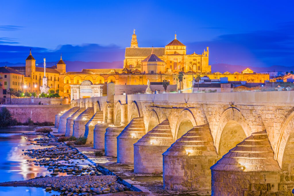 Cordoba, Spain at the Mosque-Cathedral and Roman Bridge.