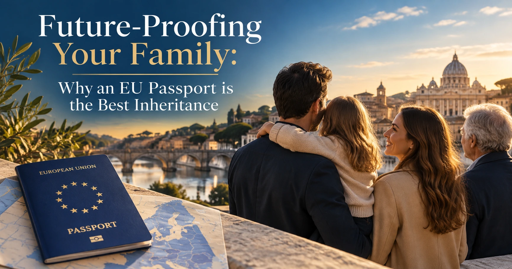Family overlooking a European city with an EU passport, representing citizenship as a legacy for future generations